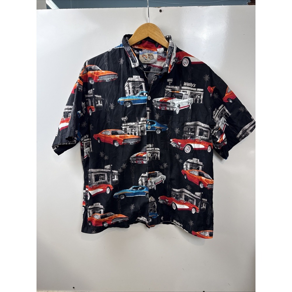 Matt Rider Hawaiian Shirt Vintage Hot Rods Large Black 40s 50s Cars Dinners
